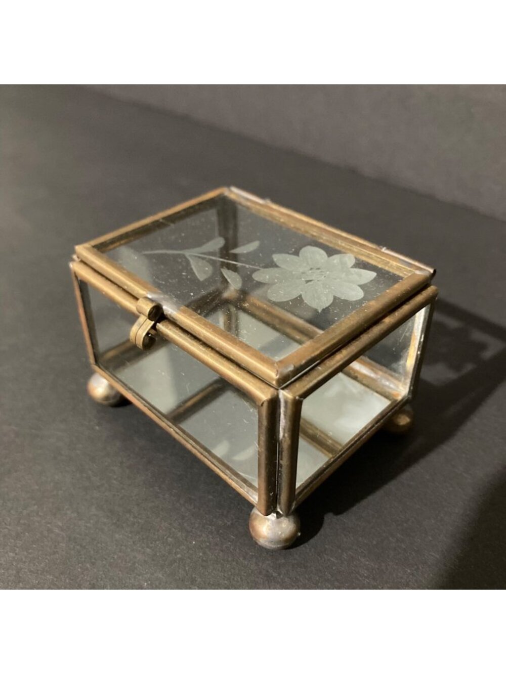 Vintage Glass Trinket Box With Etched Floral Design